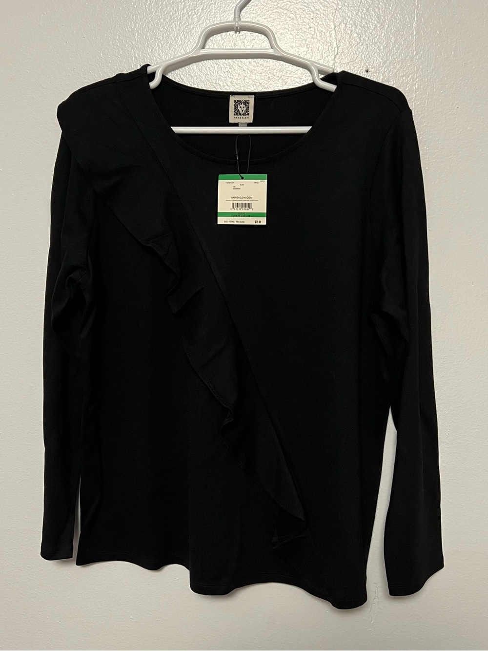 Anne Klein Women Black Ruffle-Detail Long Sleeve Top Large and XL Stretch New